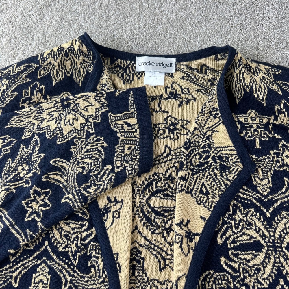 VTG Breckenridge II Navy Blue Beige Knit Cardigan Sweater Floral Paisley XL